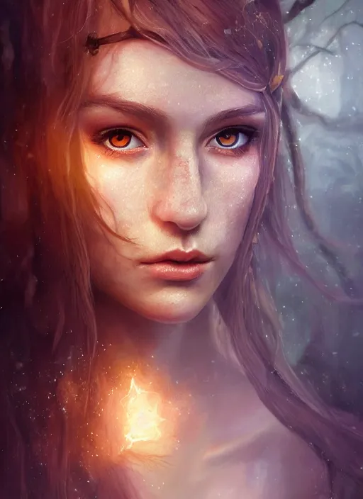 Image similar to A hyperrealistic fantasy portrait painting of a gorgeous young female elf in a lush dark atmospheric lightning forest, DAZ, hyperrealistic, ambient light, dynamic light