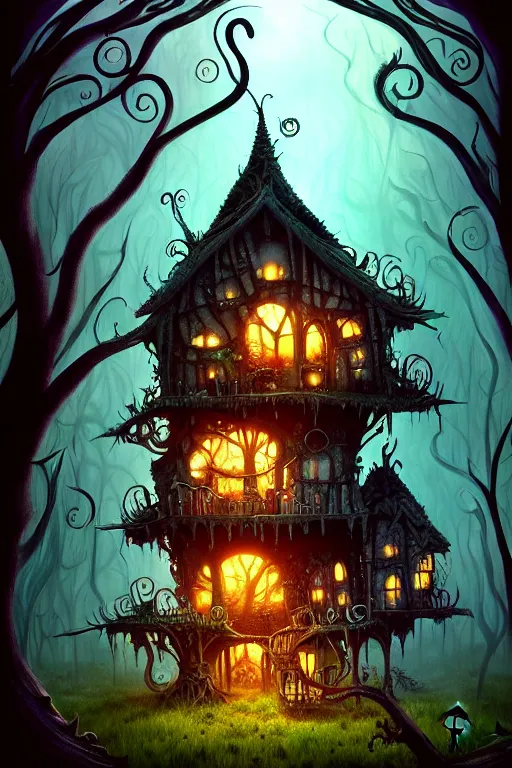 Image similar to a shot from a tim burton movie of a storybook style ramshackle multistory fairytale hut in the forest, intricate, elegant, fantasy, highly detailed, digital painting, concept art, sharp focus, artstation