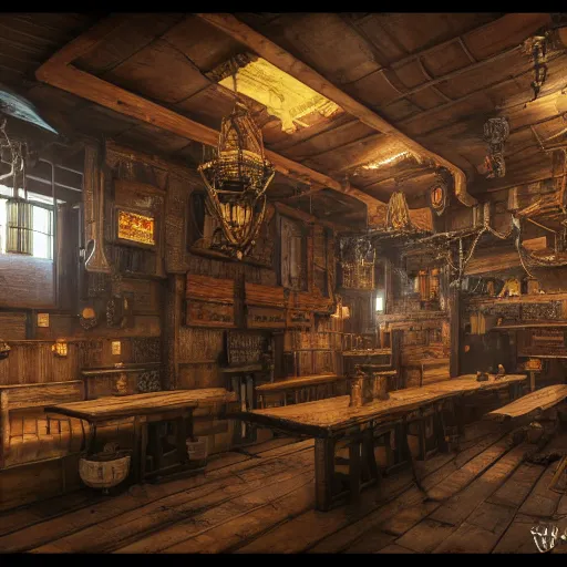 Prompt: Realistic Interior Concept design of very very very highly detailed Tavern in Mixed style of Medieval and in style of Cyberpunk, Many details by Hiromasa Ogura. More cyberpunk less Medieval. Panorama 360 degrees Rendered in unreal engine 5, artstationHD, 4k, 8k, 3d render, 3d Houdini, cinema 4d, octane RTX volumetric natural light without Yellow hue