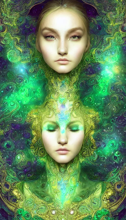 Image similar to portrait of spiritual earth elemental ,intricated, fantasy, gradient green black, dreamy and ethereal, (colour) eyes, one head, golden ratio, peaceful expression, ornate frilly dress, fantasy, intricate, elegant, rainbow bubbles, highly detailed, digital painting, artstation, concept art, smooth,b sharp focus, illustration, art by artgerm and greg rutkowski and alphonse mucha