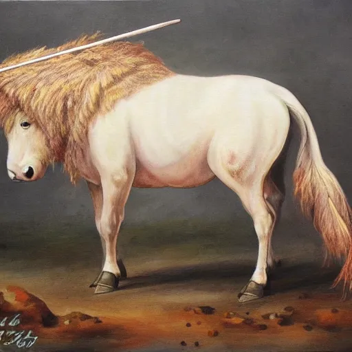 Image similar to A Bufficorn, a mythical animal which is half buffalo, half Unicorn. painting