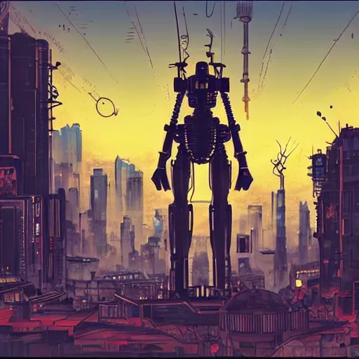 Image similar to a giant robot corpse that was repurposed into a booming city, set in the distant future, steampunk, cyberpunk, warm lights, anime, vhs distortion