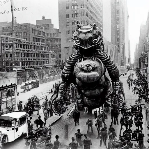 Prompt: old black and white photo, 1 9 1 3, depicting a giant biomechanical alien monster kaiju robot fighting tanks through the bustling streets of new york city, historical record