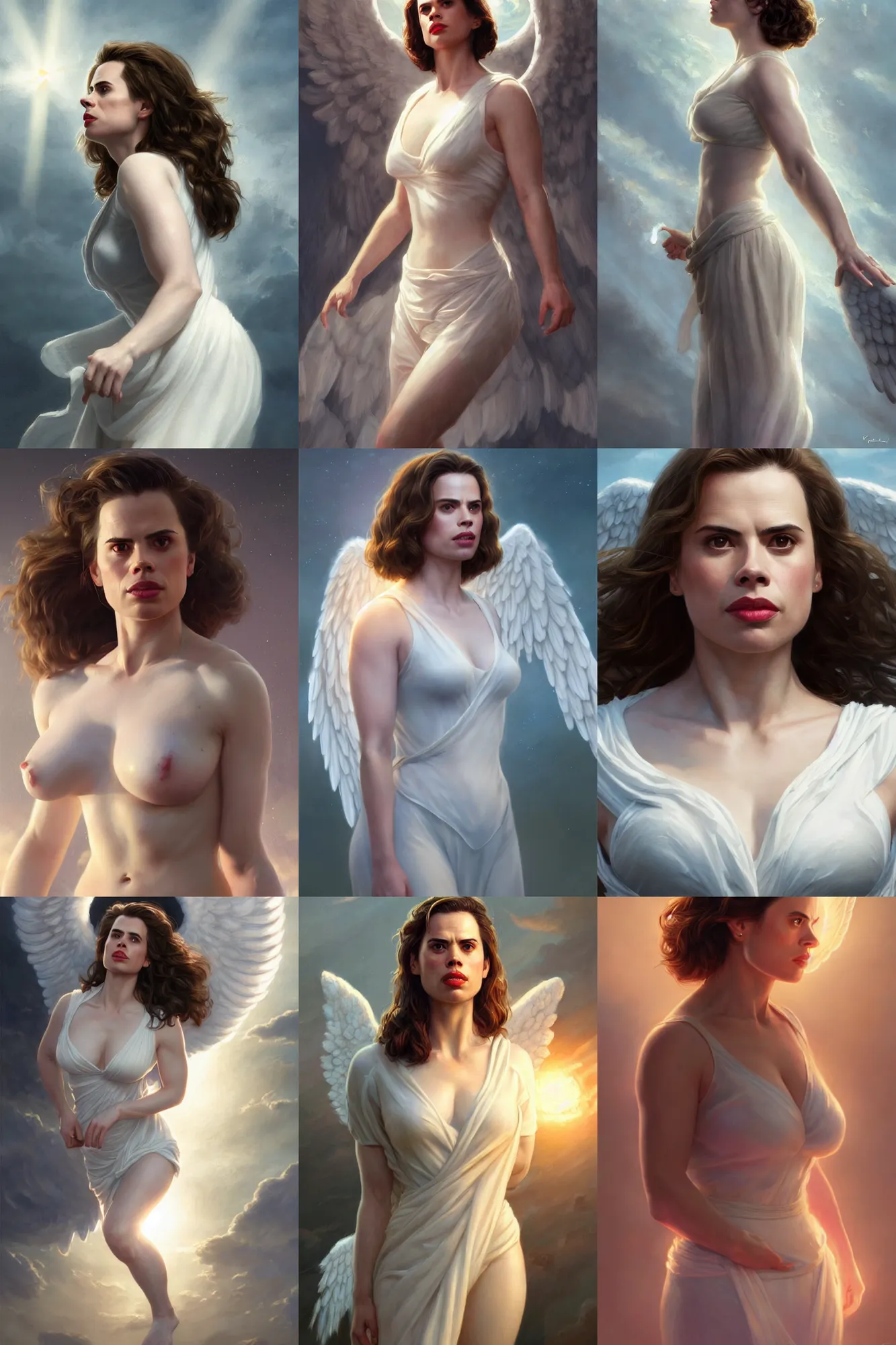 Prompt: hayley atwell as a heavenly angel, anatomy, bathing in light, highly detailed, photorealistic, artstation, smooth, sharp focus, illustration, unreal engine 5, 8 k, art by artgerm and greg rutkowski and edgar maxence