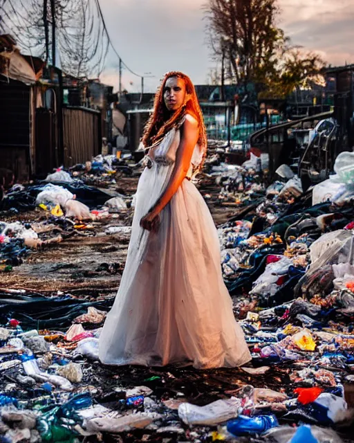 Image similar to a beautiful photo of a Young female with long hair and reflective eyes, Queen of trash wearing a gown made of plastic bags and trash, surrounded by trash all around and in the background, top cinematic lighting , very detailed, shot in canon 50mm f/1.2