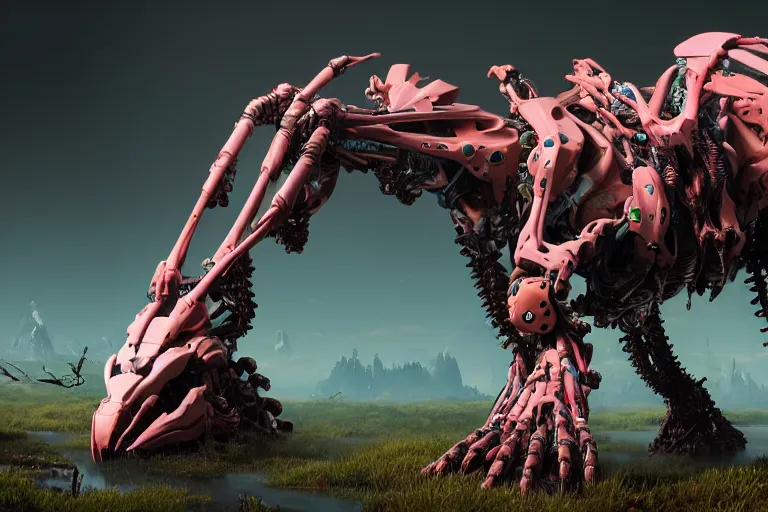 Image similar to a hyper detailed fanghorn evangelion realistic mechanical and organic creature similar look as horizon forbidden west horizon zero dawn, bioluminiscence in a dark deep forest at dawn in spring, with reflection and textures, by kilian eng, substance painter reaslitic mech surface metal painted scratches,