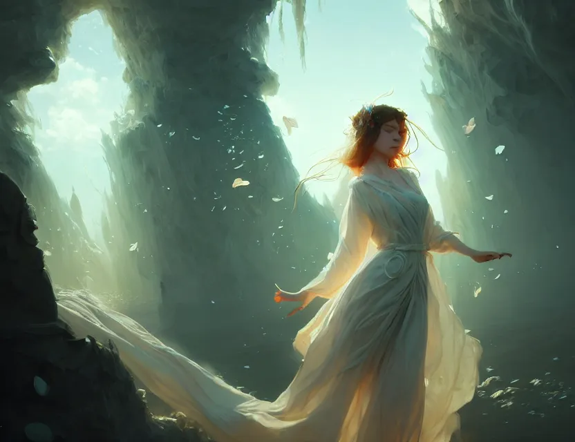 Prompt: her robes flutter gently in the wind ; the day is peaceful, a beautiful digital painting by wlop, volumetric light, intricate details, by art germ, fantasypunk, amazing d & d art, trending cgsociety, artstation, sharp, amazing wallpaper