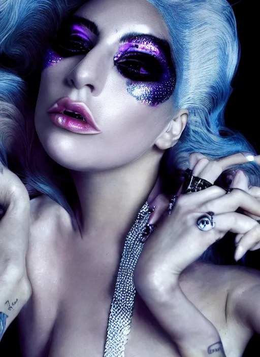 Image similar to lady gaga styled by nick knight posing, the fame monster themed, dark, mysterious, vogue magazine, canon, highly realistic. high resolution. highly detailed. dramatic. 8 k. 4 k.