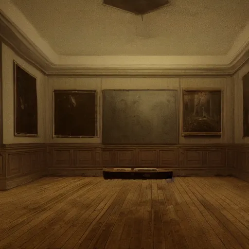 Image similar to creepy Liminal interior of RE7, in the style of Edward Hooper and Vilhelm Hammershøi and Albert Bierstadt