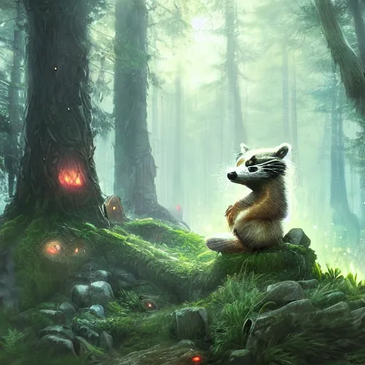 Image similar to magical raccoon druid in the forest, fantasy setting, Greg Rutkowski, trending on artstation, hyper detailed,