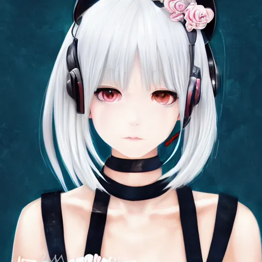 Image similar to realistic detailed semirealism beautiful gorgeous buxom hot girl natural cute excited happy Blackpink Lalisa Manoban white hair white cat ears blue eyes, wearing apron, headphones, black leather choker artwork drawn full HD 4K high resolution quality artstyle professional artists WLOP, Aztodio, Taejune Kim, Guweiz, Pixiv, Instagram, Artstation