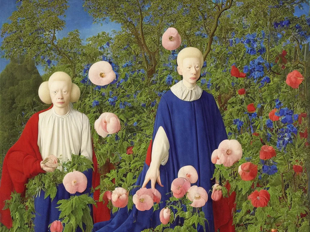 Image similar to Portrait of albino mystic with blue eyes, with beautiful exotic anemone. Landscape with orchard in bloom. Painting by Jan van Eyck, Audubon, Rene Magritte, Agnes Pelton, Max Ernst, Walton Ford