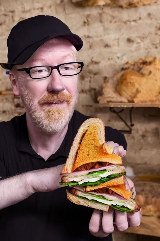 Prompt: 📷 portrait of adam savage the sandwich, sandwich human hybrid, still image, dynamic lighting, 4 k