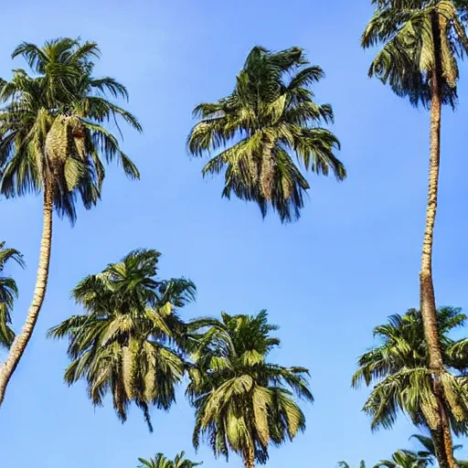 Image similar to surreal palm trees floating floating floating in blue sky, random positions floating, flying