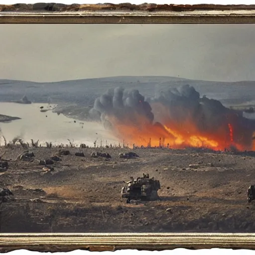 Image similar to Military battle, big explosions in the background, Lake California, Battlefield, war-torn landscape, fire, USAF Bombers, military, Battlezone