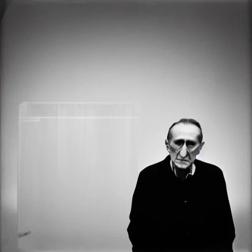 Prompt: grainy underexposed portrait of Marcel Duchamp and a machine with cables in a empty white void, tri-x, Trent Parke, Rinko Kawaichi, archival pigment print, contemporary art