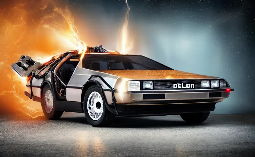 Image similar to a time-traveling delorean styled toaster with toast, bread inserted into slot, glowing heating coils, stainless steel, professional product shot, magazine ad