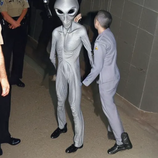 Image similar to extraterrestrial zeta reticulan grey alien, being arrested by spetsnaz