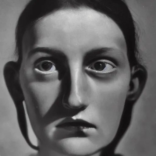 Image similar to high quality high detail portrait by man ray, hd, intense unsettling look in the eyes, photorealistic lighting