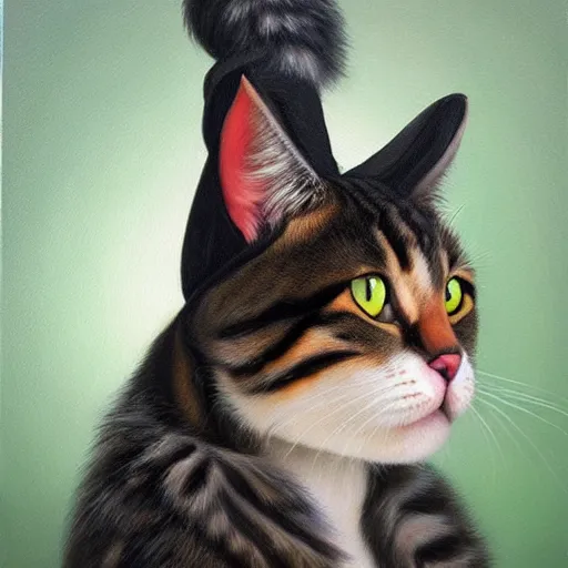 Prompt: a hyper realistic painting of a cat wearing a bicorn hat, super detailed, realistic, thick brush strokes, visible paint layers.