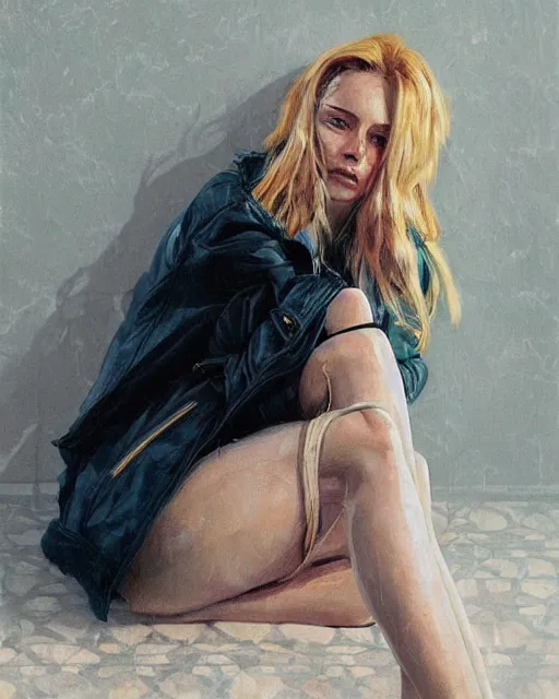 Image similar to a ultradetailed beautiful panting of a stylish woman sitting on the floor in a tiled room, she is wearing an oversized jacket, night time, highly detailed face, oil painting, by conrad roset