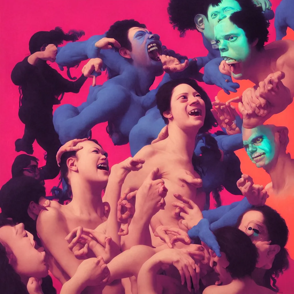 Image similar to happy and disturbing portrait of todd solondz punching a woman, smiling, vivid colors, neon, art by ( ( ( kuvshinov ilya ) ) ) and wayne barlowe and francis bacon and artgerm and wlop and william - adolphe bouguereau