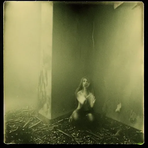 Prompt: an ancient demon-girl devouring the souls of the human kind on an abandoned house, Colombian jungle, mist, 1910 polaroid photography, grainy film, resident evil, Black and white