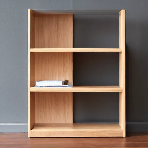 Image similar to minimalist zen oak bookshelf soft light and warm