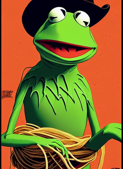 Image similar to poster artwork by Michael Whelan and Tomer Hanuka, portrait of Kermit the Frog wearing a cowboy hat, background Old spaghetti western, clean