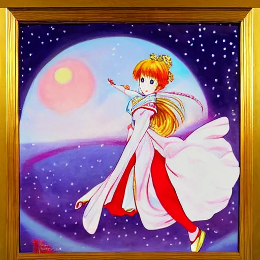 Prompt: a painting by naoko takeuchi of a girl in a white gown dancing in her bedroom as the sun is rising