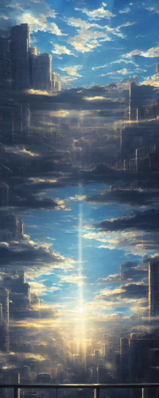 Prompt: Anime cityscape by Makoto Shinkai, concept art, sun shining through clouds, crepuscular rays, trending on art station, oil on canvas, 8k
