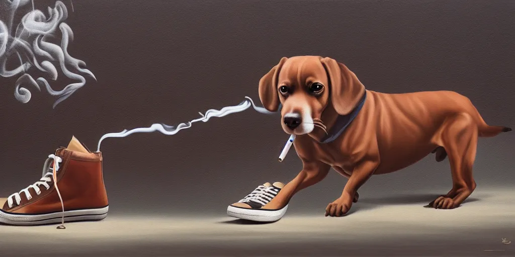 Image similar to smoking brown dog with sneakers, as a matte oil painting