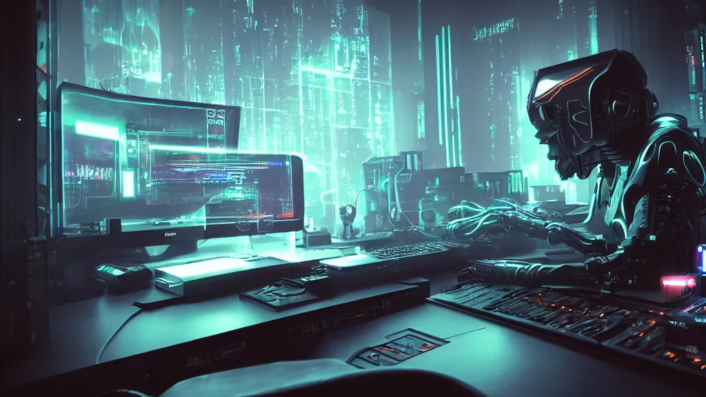 Prompt: a cyberpunk overpowered computer. Overclocking, watercooling, custom computer, cyber, mat black metal, alienware, futuristic design, desktop computer, desk, home office, whole room, minimalist, Beautiful dramatic dark moody tones and lighting, orange neon, Ultra realistic details, cinematic atmosphere, studio lighting, shadows, dark background, dimmed lights, industrial architecture, Octane render, realistic 3D, photorealistic rendering, 8K, 4K, nebula, galactic, space, Cyborg R.A.T 7, Republic of Gamer, computer setup, highly detailed