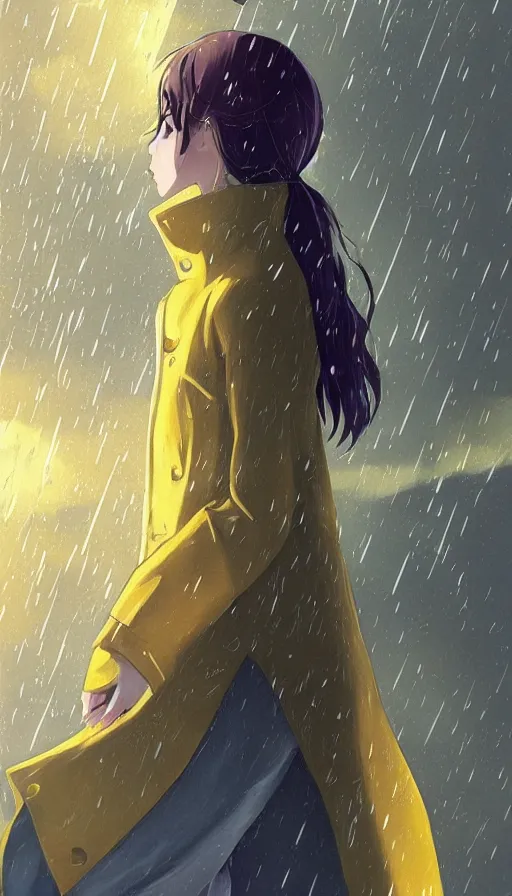 Image similar to girl in a yellow coat standing in the rain holding a small pocket watch, thick outlines, pale colors, digital art, hard edges, detailed, dynamic pose, character design, fisheye perspective, above angle, artwork by makoto shinkai, very coherent asymmetrical artwork, matte painting, sharp edges, perfect face, simple form