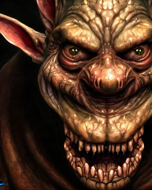 Image similar to closeup profile face portrait of a medieval goblin eating cakes in the cathedral, beautiful face, hyper realistic, highly detailed, digital painting, artstation, illustration, concept art by hyung tae, frank frazetta, bosch, giger, digital paint, matte paint, washed colors, dark, gloomy, detailed and intricate environment