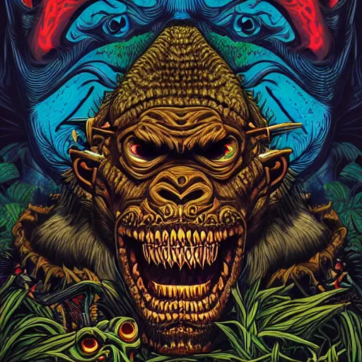 Prompt: barong family member with dental braces, big scars, wiwek, mara demon, one single tribe member, jungle, one single mask, dark, ancient warrior, gorilla, lizard, tribal, inner glow, art by dan mumford and justin gerard