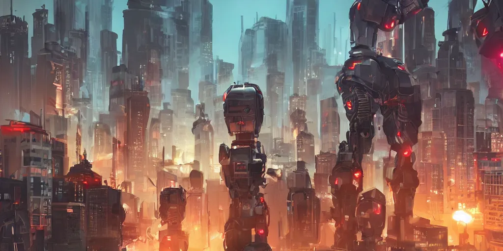 Prompt: evil robots taking over the city, cinematic, concept art, action poses