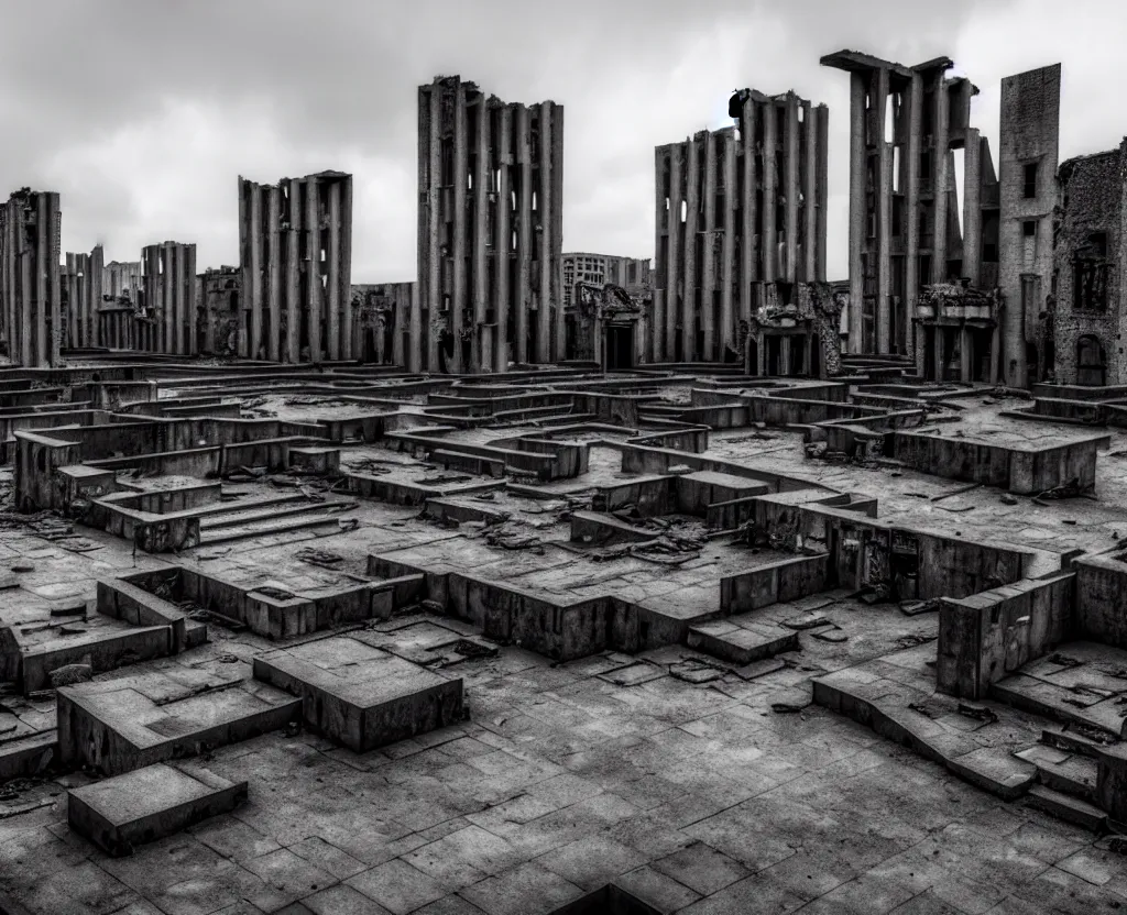 Image similar to wide angle view of a deserted city ruins with brutalism architecture and stone buildings, overcast weather. very detailed, ultra - realistic, 4 k.