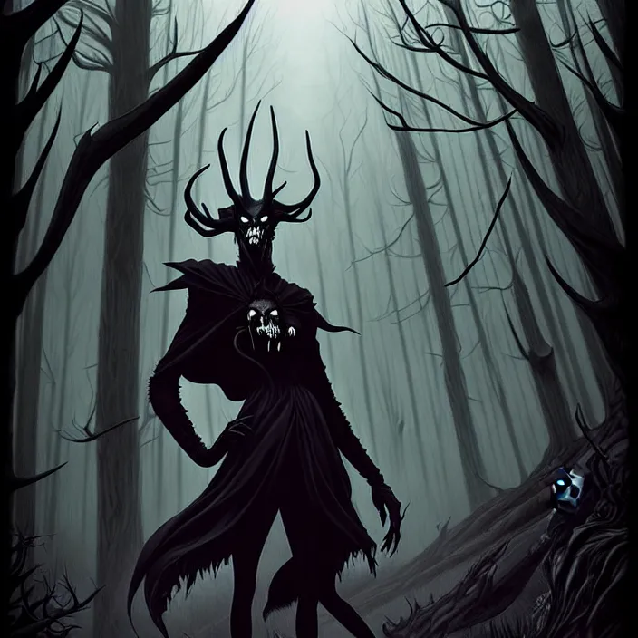 Image similar to style artgerm, joshua middleton, diego fazio, gerald brom, scary wendigo with antlers and skull face mixed with werewolf, beautiful witch wearing a black dress on the right side, in the forest, detailed, dark and foggy, cinematic lighting