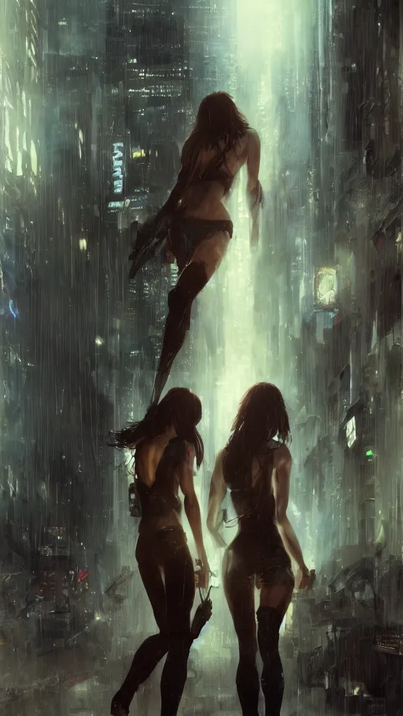 Image similar to bella thorne and megan fox, hyperrealistic full figure, bladerunner street, art of elysium by jeremy mann and frank frazetta, fantasy art, photo realistic, dynamic lighting, artstation, full figure poster, volumetric lighting, very detailed face, 4 k, award winning