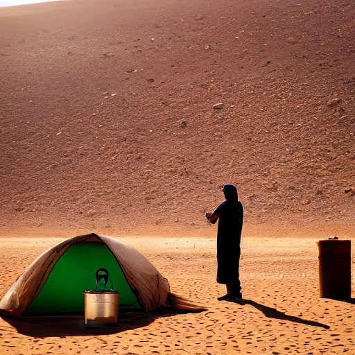 Image similar to realistic photo of omani man camping in desert, detailed, canon, bokeh