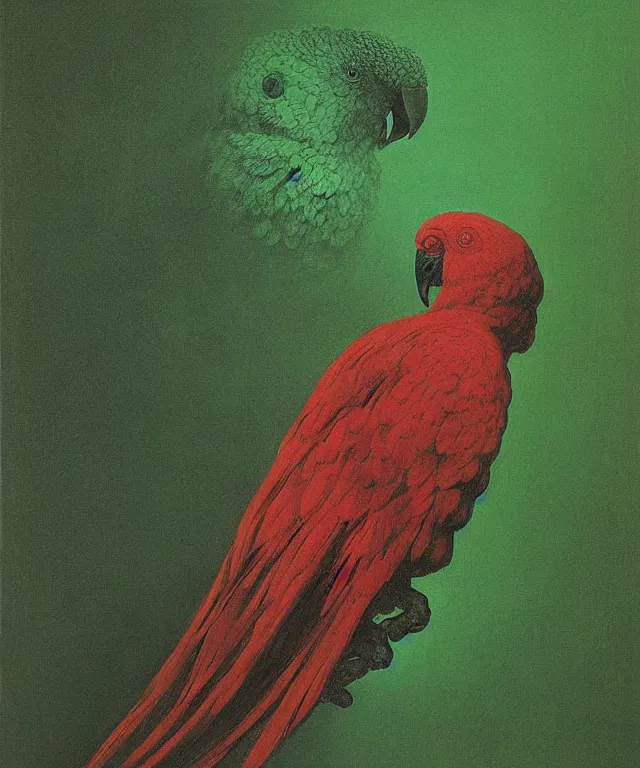 Image similar to beautiful emerald green parrot with red aura and eyes, by zdzisław beksinski, by gustave dore