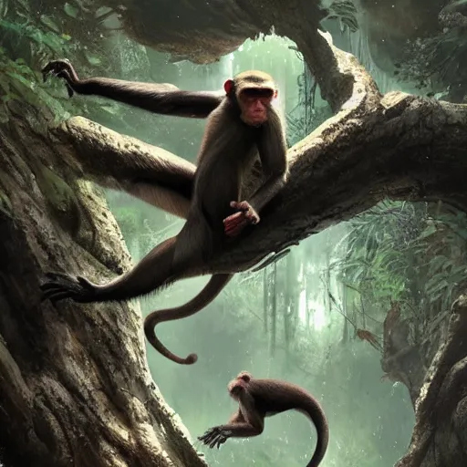 Prompt: 8 aggressive monkey beasts attacking and jumping down from large tree in dense dark forest, seen from below, dramatic concept art by greg rutkowski