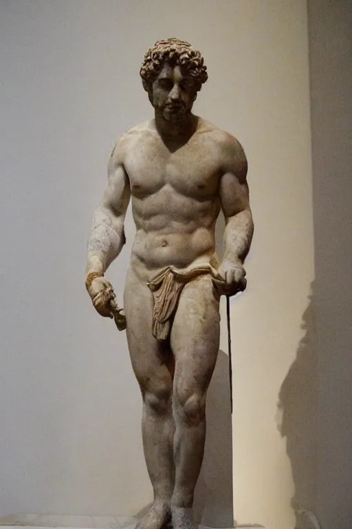 Prompt: an ancient greek marble statue of actor gerard butler, painted in reconstructed original colors, courtesy of the british museum