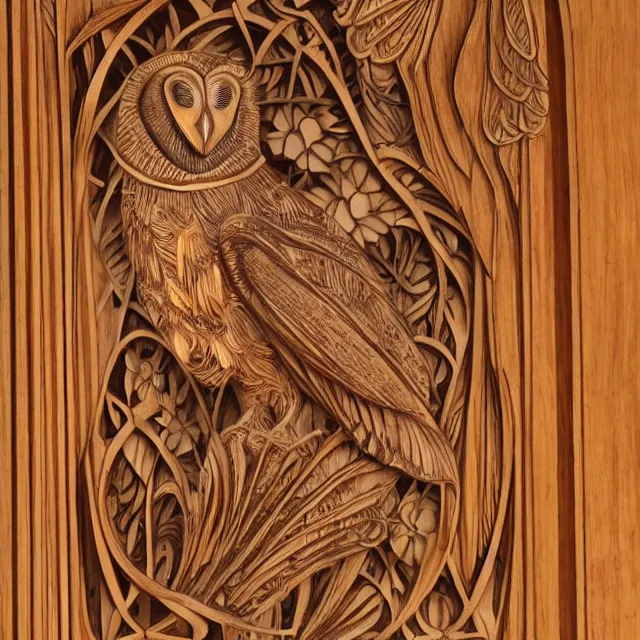 Image similar to a 3 d wooden mahogany art nouveau carved sculpture of a barn owl, in front of a delicate tracery pattern, intricate and highly detailed, well - lit, ornate, realistic, polished with visible wood grain