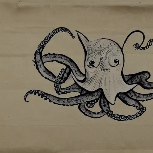 Image similar to a pig - octopus, calligraphy, ink on japanese rice paper