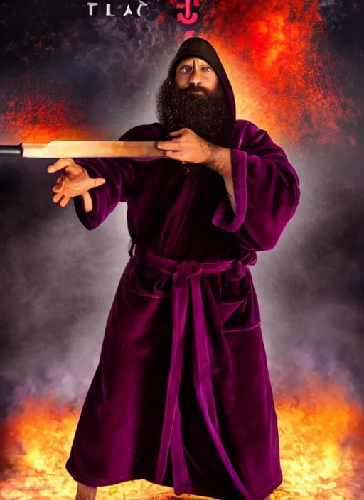 Image similar to action movie poster of an ultra orthodox bearded Christian priest wearing a deep purple robe with cloak, holding a machete. with an explosion behind him.