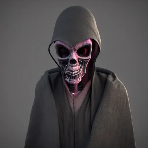 Prompt: nanopunk grim reaper, character design, high quality digital art, render, octane, redshift, volumetric lighting, 3 d render