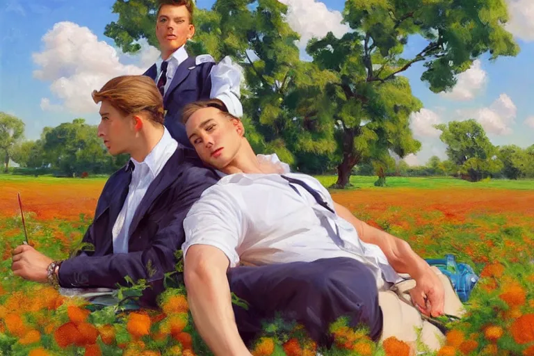 Image similar to 2 attractive men sitting on a coach in flower field, blue sky with clouds, painting by vladimir volegov, j. c. leyendecker, tom of finland, trending on artstation