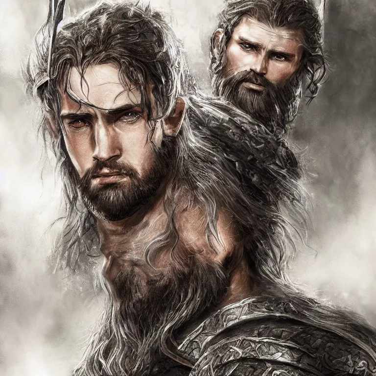 Image similar to fantasy art of a male human warrior, lord of the rings, poster, finely detailed face delicate features, black full beard, full body, realistic, sharp focus, 8 k high definition, insanely detailed, intricate, elegant, character portrait, portrait, close up, concept art